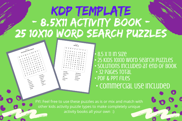 25 Kids 10x10 Word Search Puzzles 4 KDP Template