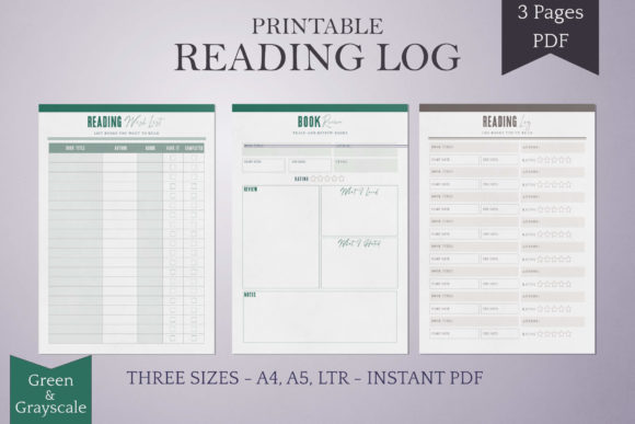 Reading Log Printables: Green Grayscale Guide